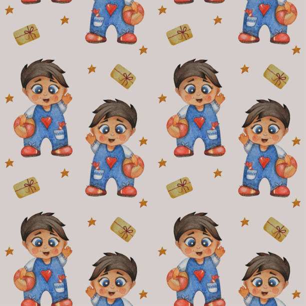 Cute kids collection. Seamless patterns. Cheerful boy in denim overalls with a ball and sweets in his pocket on a light background with gifts and stars. Watercolor. Hand drawing Cute kids collection. Seamless patterns. Cheerful boy in denim overalls with a ball and sweets in his pocket on a light background with gifts and stars. Watercolor. Festive packaging. Hand drawing sweet little models pictures stock illustrations
