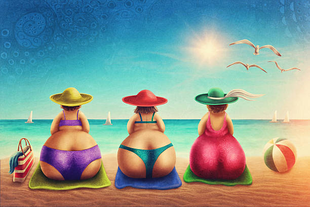 Cute plump women Cute plump women sitting on the beach cartoon of fat lady in swimsuit stock illustrations