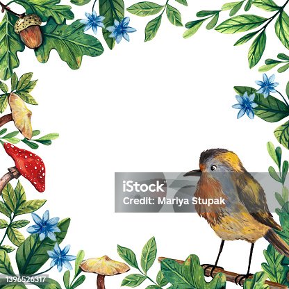 istock Cute robin illustration. Floral frame. Bird art. Cartoon style. Gouache painting. European robin  portrait. Winter decor. Invitation frame. Holiday greeting. Ornitology art. Birdwatchig hobby. 1396526317