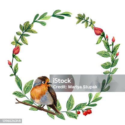 istock Cute robin illustration. Floral wreath. Bird art. Cartoon style. Gouache painting. European robin  portrait. Winter decor. Invitation frame. Holiday greeting. Ornitology art. Birdwatchig hobby. 1396526348