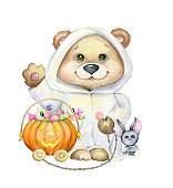 istock Cute teddy bear, in a suit, a ghost, a bat, a pumpkin, candy. Watercolor concept on an isolated background, for the Halloween holiday. In a cartoon style. 1411875642