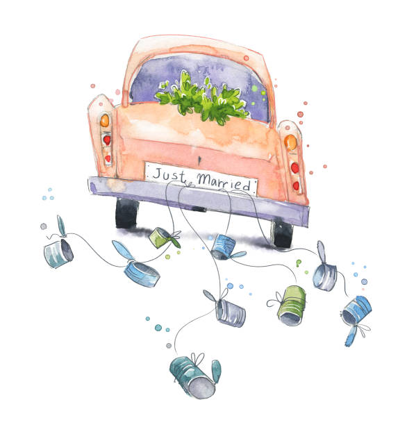 Cute watercolor car with just married sign on a wedding travel Cute watercolor car with just married sign on a wedding travel newlywed stock illustrations