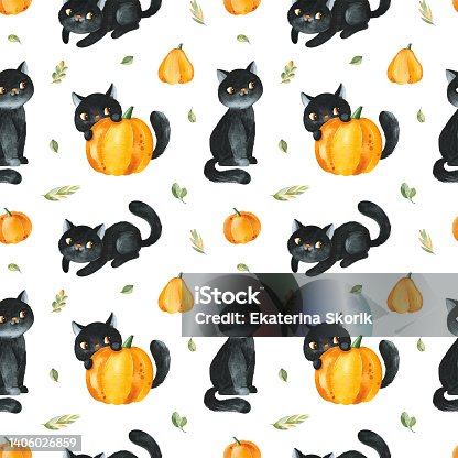 istock Cute watercolor Halloween seamless pattern 1406026859