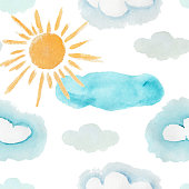 istock Cute watercolor pattern with sun and clouds 1097356112