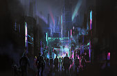 istock Cyberpunk style futuristic city street, 3d illustration. 1353929411
