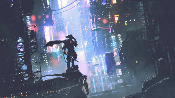 cyborg warrior in a futuristic world futuristic samurai standing on a building in cyberpunk city at rainy night, digital art style, illustration painting robot silhouettes stock illustrations