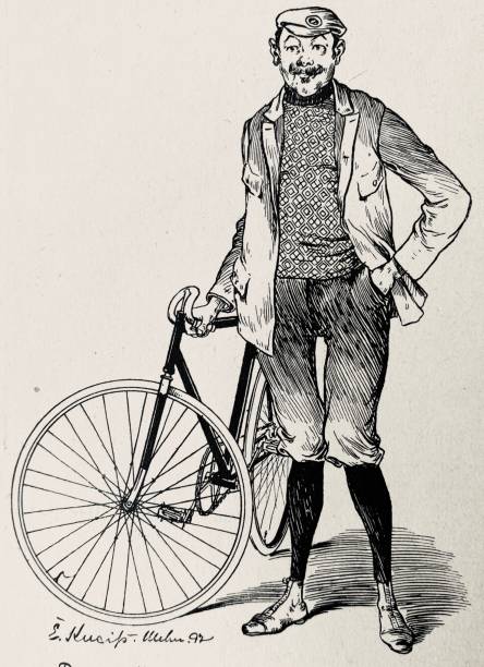 Cyclists with knobbly knees, portrait, full length Illustration from 19th century knobby knees stock illustrations