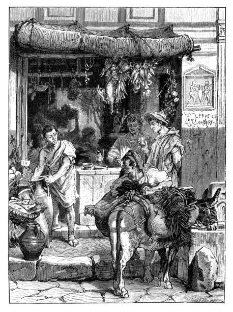 illustrazioni stock, clip art, cartoni animati e icone di tendenza di la vita quotidiana a pompei mostra i romani che vendono al mercato - pompei