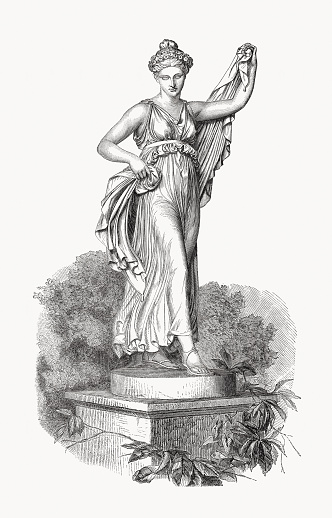 Dancing nymph. Wood engraving after a sculpture by Bertel Thorvaldsen (Danish sculptor, 1770 - 1844), published in 1868.
