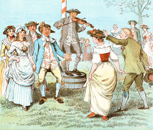 Happy men and women dancing around the base of a May Pole on May Day while a fiddler plays jolly music. From “R. Caldecott’s Second Collection of Pictures and Songs” containing “The Milkmaid”, “Hey Diddle Diddle”, Baby Bunting”, The Fox Jumps Over the Parson’s Gate”, “A Frog He Would a-Wooing Go”, “Come Lasses and Lads”, “Ride a Cock Horse…”, “A Farmer Went Trotting…”, “Mrs Mary Blaize” and “The Great Panjandrum Himself”. Drawn by Randolph Caldecott; engraved and printed by E. Evans. Published by George Routledge & Sons, London & New York, c1885.