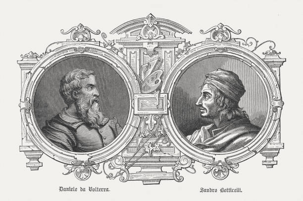 Daniele da Volterra and Bottecelli, Italian painters of renaissance Daniele da Volterra (Italian painter and sculptor, 1509 - 1566) and Sandro Botticelli (Italian painter, 1445 - 1510). Wood engraving, published in 1878. botticelli stock illustrations