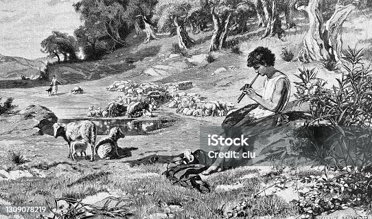 istock Daphnis and Chloe, shepherd playing flute on the meadow 1309078219