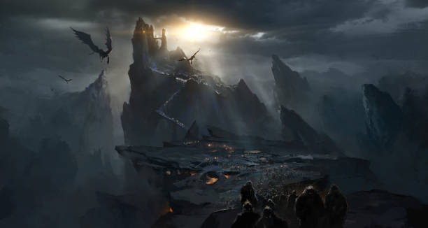 темный замок в долине, темная атмосфера ада. - dragon stock illustrations