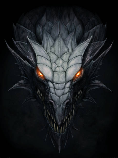 Dark dragon in stone background Dark dragon head on black stone background digital painting. dragon stock illustrations