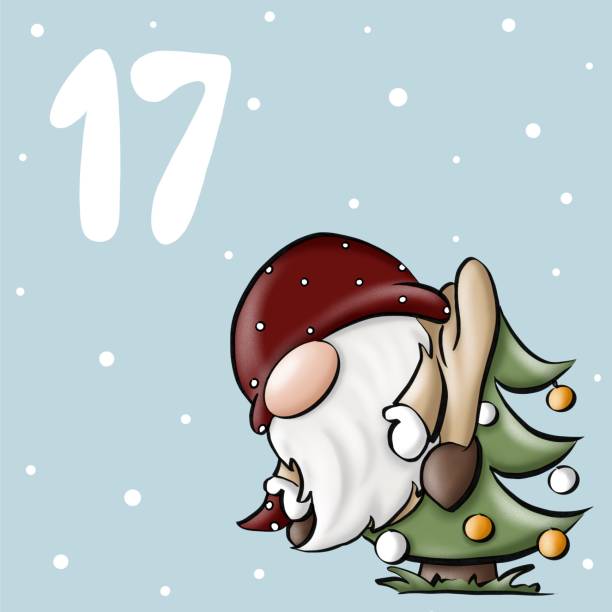 Day 17 - Cute advent calendar with Gnomes everyday activities. Christmas and New year countdown numbered poster. Illustration for poster, card, kid and nursery decor. 12 17 months stock illustrations