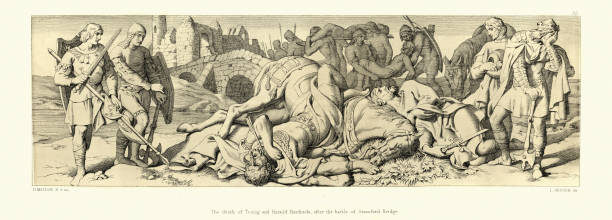 śmierć tostiga i harolda hardrady, bitwa pod stamford bridge - fulham stock illustrations
