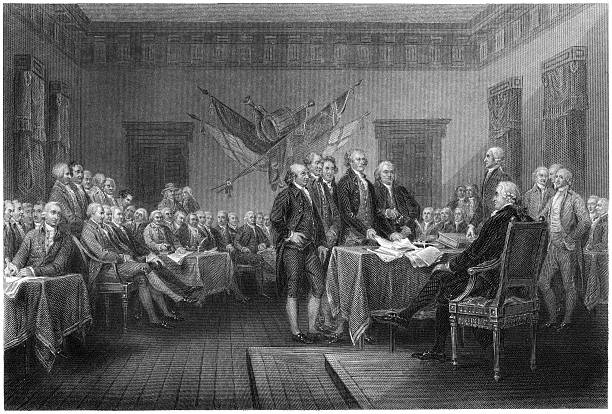 Declaration of Independence Signing - Antique Engraving (XXXL) Antique engraving of the signing of the Declaration of Independence, by William Greatbach after original by John Trumbull. Uneven edges of the engraving have been preserved, giving designers the freedom to crop at will. declaration of independence stock illustrations