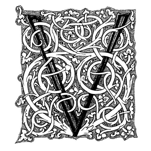 Decorated capital letter V Illustration of a Decorated capital letter V drawing of a fancy letter v stock illustrations