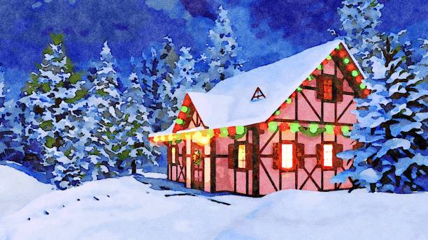 Decorated Christmas house at night in watercolor Decorative watercolor sketch of cozy snowbound half-timbered rural house decorated for Christmas among snowy spruce forest at dreamlike winter night. Digital art painting from my 3D rendering file. christmas lights house stock illustrations