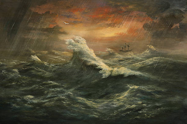 decuman wave Painting. A canvas, oil. galleon stock illustrations