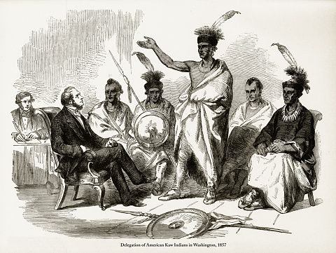 Beautifully Illustrated Antique Engraved Victorian Illustration of Delegation of Native American Kaw Indians in Washington Engraving, 1857. Source: Original edition from my own archives. Copyright has expired on this artwork. Digitally restored.
