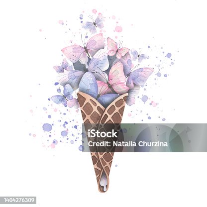 istock Delicate butterflies are pink, lilac, blue in a waffle cone, with splashes of paint. Watercolor illustration. For the design and decoration of postcards, posters, prints, souvenirs, compositions. 1404276309