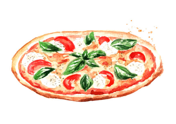Delicious fresh hot pizza. Watercolor hand drawn illustration isolated on white background Delicious fresh hot pizza. Watercolor hand drawn illustration isolated on white background margherita stock illustrations