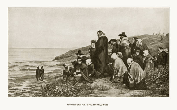 Departure of the Mayflower Engraving Rare and beautifully executed Engraved illustration of Departure of the Mayflower Engraving from Great Men and Famous Women: A Series of Pen and Pencil Sketches, by Charles F. Horne and Published in 1894. Copyright has expired on this artwork. Digitally restored. pilgrim stock illustrations