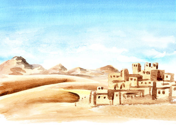 砂丘とアフリカの都市、手描きの水彩画のイラストと背景を持つ砂漠 - 都会　オアシス点のイラスト素材／クリップアート素材／マンガ素材／アイコン素材