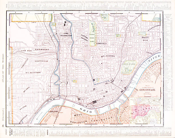 Detailed Antique Color Street City Map of Cincinnati, Ohio, USA Vintage map of Cincinnati, OH, USA - See lightbox for more cincinnati stock illustrations