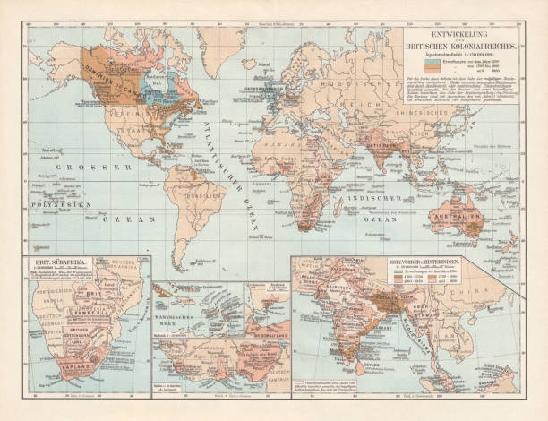 rozwój imperium brytyjskiego, litografia, opublikowana w 1897 roku - england australia stock illustrations