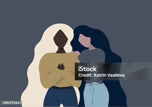 istock Different ethnicity girl friends long hair helping each other when one of them is crying on a grey  blue background 1284292647