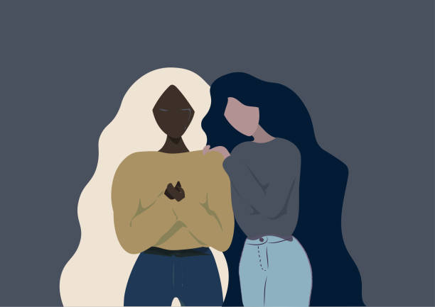 Different ethnicity girl friends long hair helping each other when one of them is crying on a grey  blue background White hair girl crying and feeling sad and her best friend supporting and hugging her. Friends and family support mother and daughter sad stock illustrations