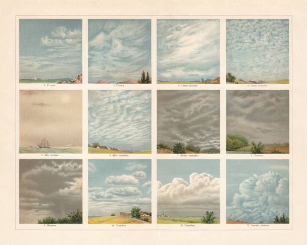 Different types of clouds in the atmosphere, chromolithograph, published 1898 Different types of clouds in the earth atmosphere: 1 - 2) Cirrus; 3) Cirrostratus; 4) Cirrocumulus; 5) Altostratus; 6) Altocumulus; 7) Stratocumulus; 8 - 9) Nimbus; 10 - 11) Cumulus; 12) Cumulonimbus. Chromolithograph, published in 1898. altocumulus stock illustrations