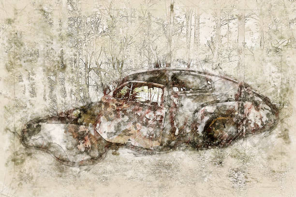 bildbanksillustrationer, clip art samt tecknat material och ikoner med digital konstnärlig skiss av en skrot bil - skog sverige