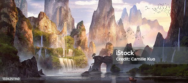 istock digital illustration of fantasy island with golden castle tower and waterfall from cliff 1334251140