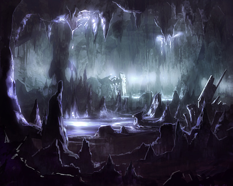 digital illustration of underground stalactites cave tunnel system with silver shining water