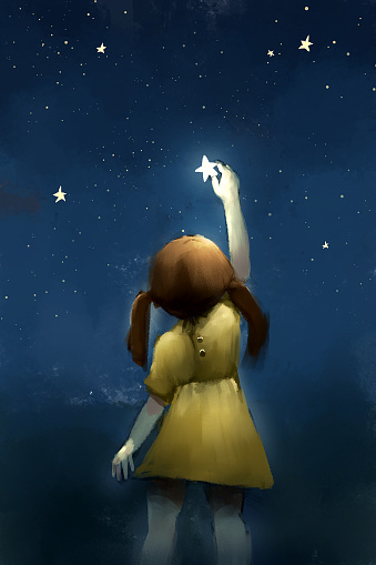 digital painting of girl reach the star, acrylic on canvas