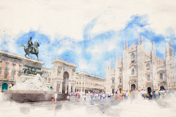 ilustrações, clipart, desenhos animados e ícones de pintura digital da água-cor catedral duomo di milano e galeria de vittorio emanuele em quadrado piazza duomo em milão italy - milan