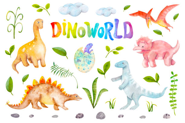 Dino world watercolor set isolated on white background. Dinosaurs, rocks, plants of Jurassic period. Hand drawn illustration for nursery wallpaper, stickers, baby clothes, kids fabric, books  jurassic world stock illustrations