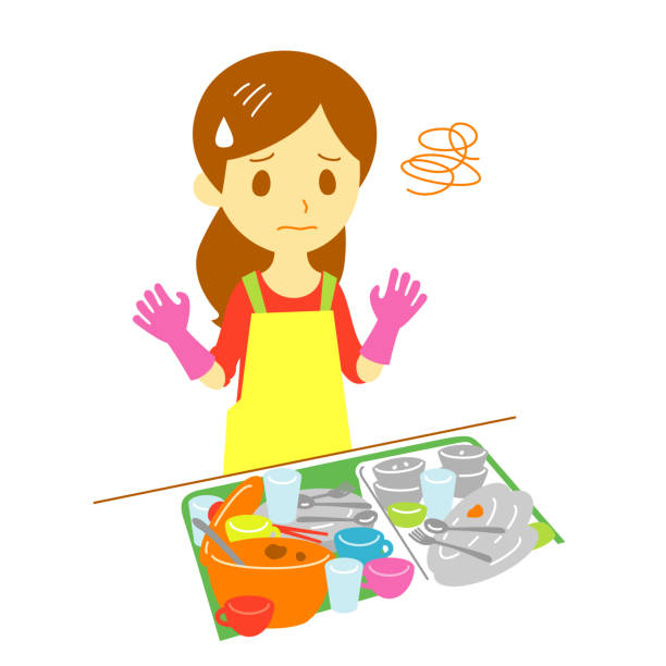 dirty dishes, frustrated young woman - woman washing dishes stock illustrat...