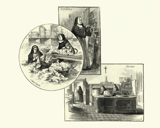 ambulatorium, kuchnia, lniany pokój, dom nazaretu, hammersmith, xix wiek - fulham stock illustrations