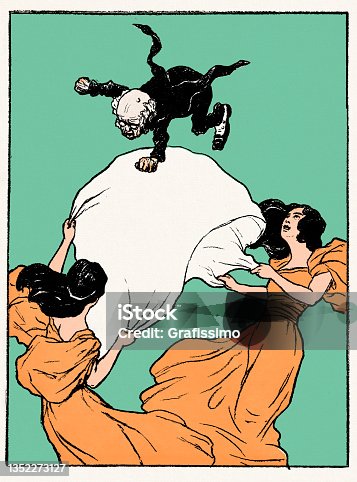 istock Displeased old man thrown into the air by two women nouveau 1897 1352273127