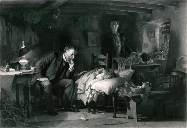Doctor Makes a House Call Vintage image features a doctor making a house call for a sick child as the parents watch over in grief. pandemic illness stock illustrations