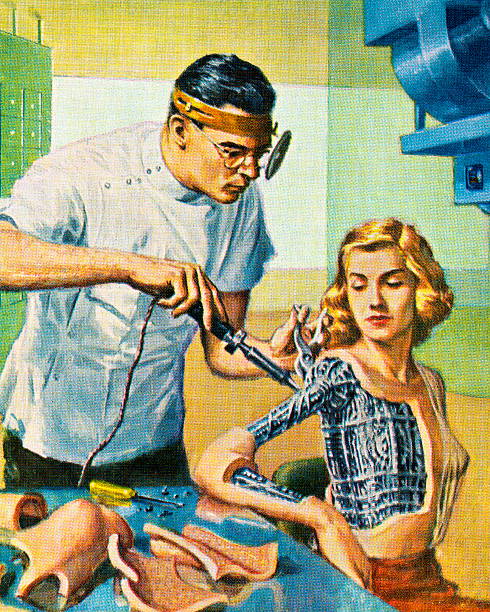 Doctor Working on Robot Woman Doctor Working on Robot Woman futuristic illustrations stock illustrations
