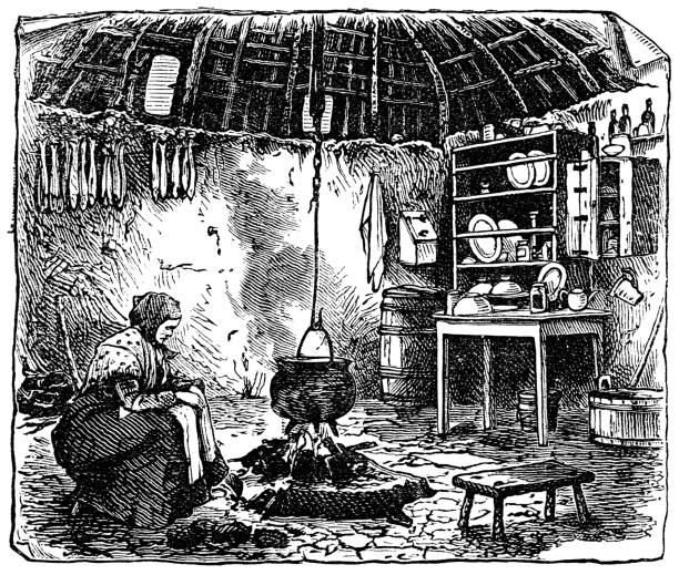 stockillustraties, clipart, cartoons en iconen met domestic hut op het eiland skye, schotland - 19e eeuw - isle of skye
