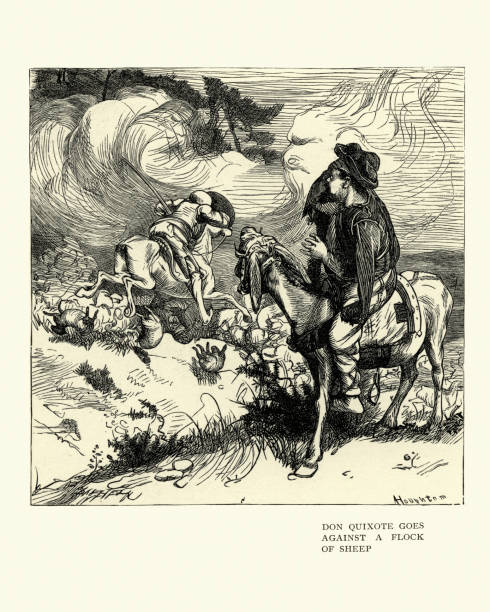 don kişot koyun sürüsü karşı gider - sancho stock illustrations