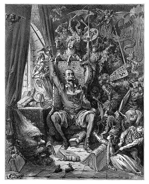 don quixote in his library engraving - sancho stock illustrations