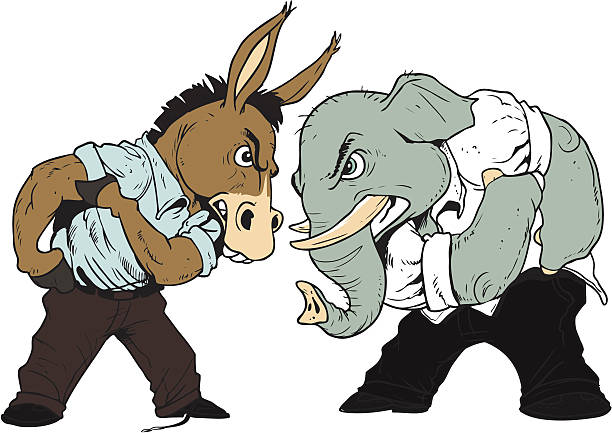 Donkey and Elephant Face Off. "A donkey and elephant, the symbols of the two American political parties facing off getting ready to fight." donkey teeth stock illustrations