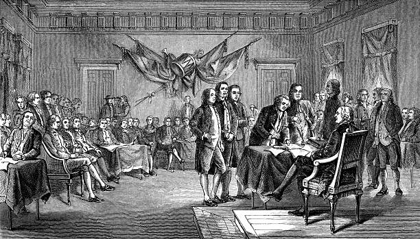 Drafting the Declaration of Independence in Antique Illustration  benjamin franklin stock illustrations